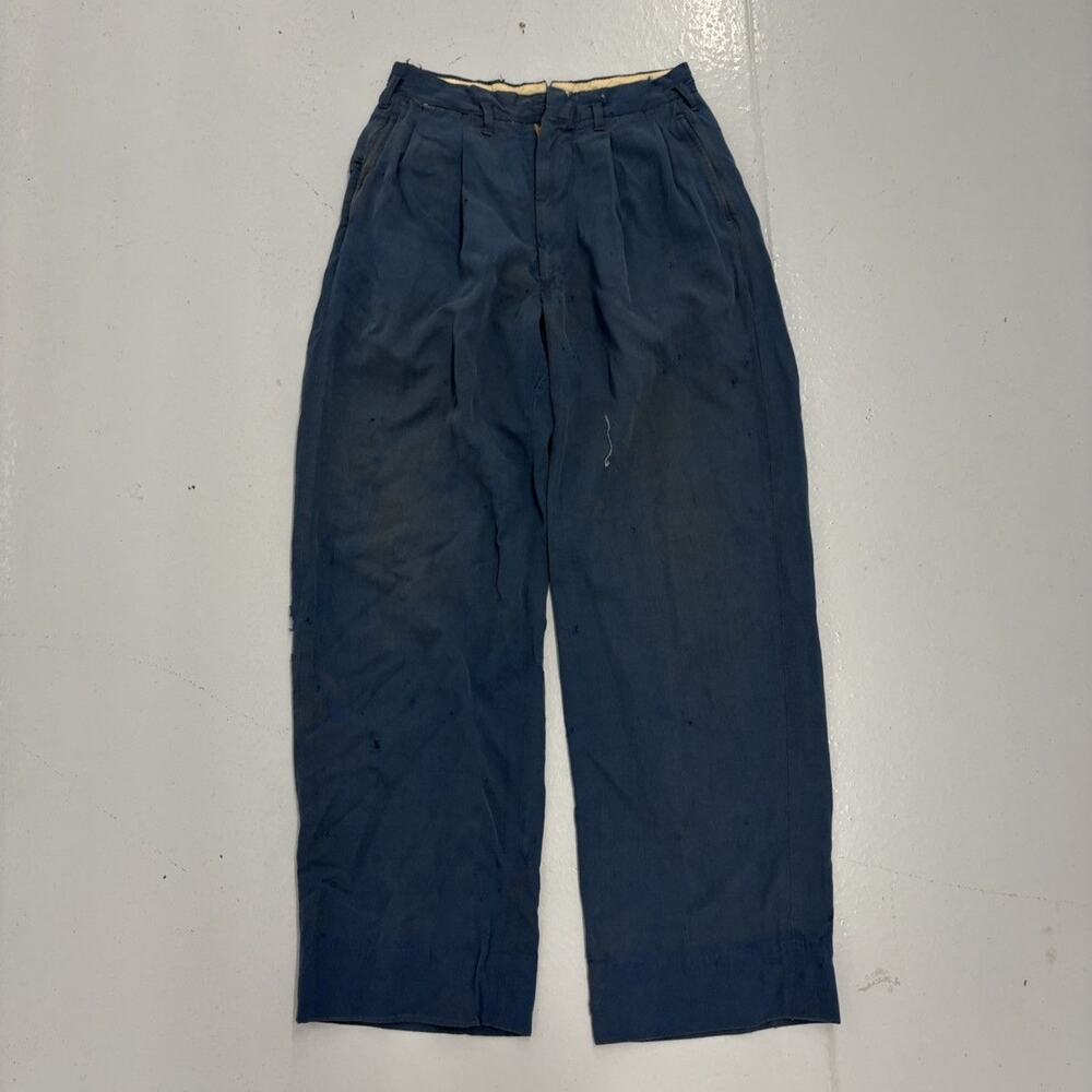 Vintage 50s Blue Rayon Drop Loop Pleated Trousers 25x28